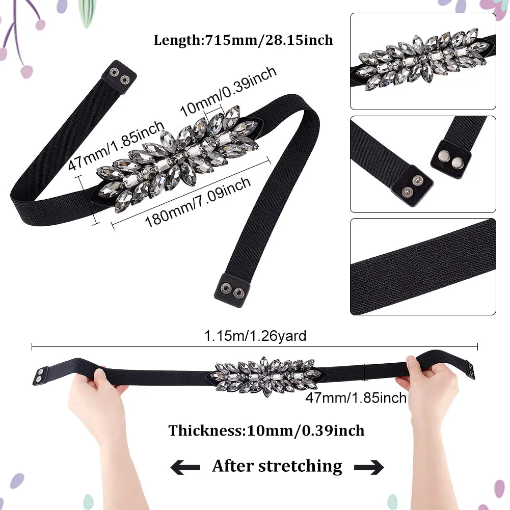 1Pc Black PU Elastic Chain Belt, Rhinestone Flower Waist Belt for Shirt Skirt Dress Overcoat, Black Diamond, 28-1/8 inch(71.5cm)