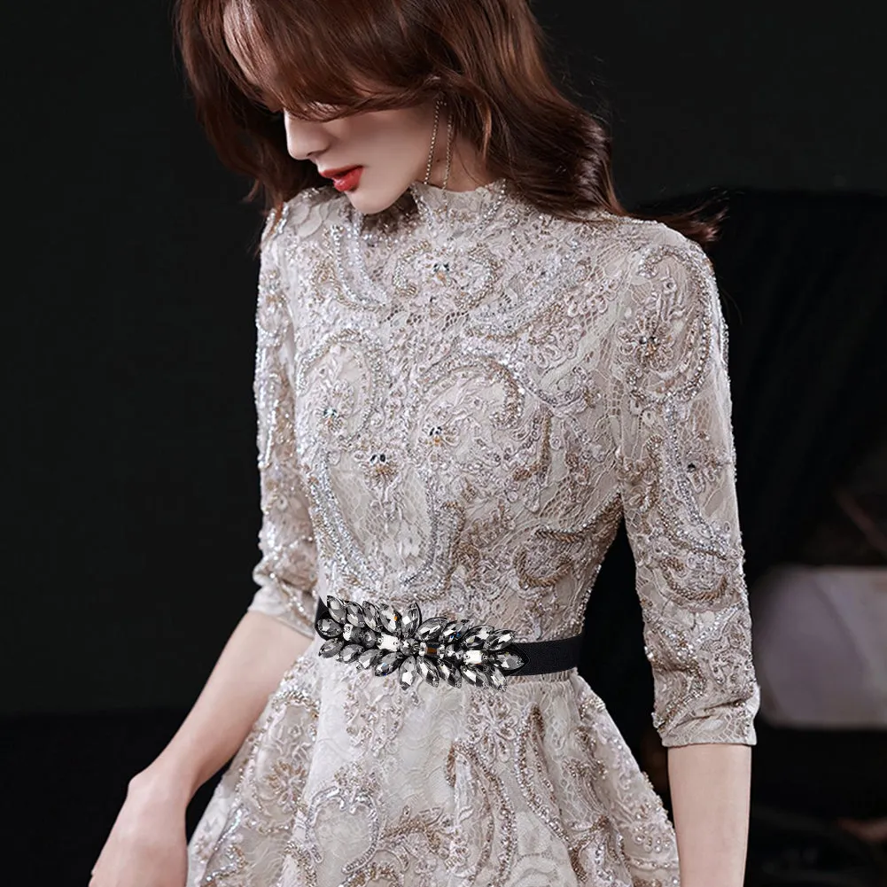 1Pc Black PU Elastic Chain Belt, Rhinestone Flower Waist Belt for Shirt Skirt Dress Overcoat, Black Diamond, 28-1/8 inch(71.5cm)