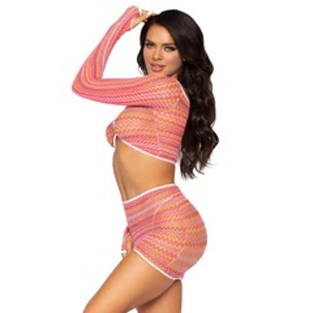 2 Pc Zig Zag Net Crop Top and Mini Dress - One   Size - Pink