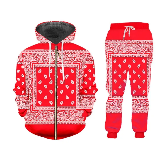 6XL Blue or Red Handkerchief Bandana Print Tracksuit Pullover or Zipper Front Hoodies w/ Pants Plus Size Women