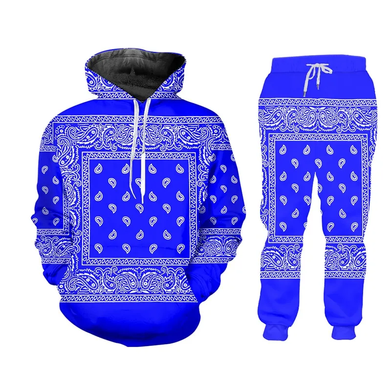 6XL Blue or Red Handkerchief Bandana Print Tracksuit Pullover or Zipper Front Hoodies w/ Pants Plus Size Women