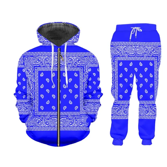 6XL Blue or Red Handkerchief Bandana Print Tracksuit Pullover or Zipper Front Hoodies w/ Pants Plus Size Women