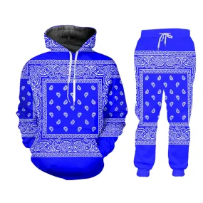6XL Blue or Red Handkerchief Bandana Print Tracksuit Pullover or Zipper Front Hoodies w/ Pants Plus Size Women