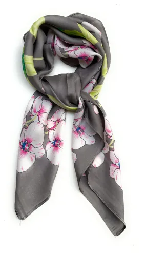 70cm x 70cm Square Scarf Grey Lime Orchid Flower Scarf Thin Faux Silk