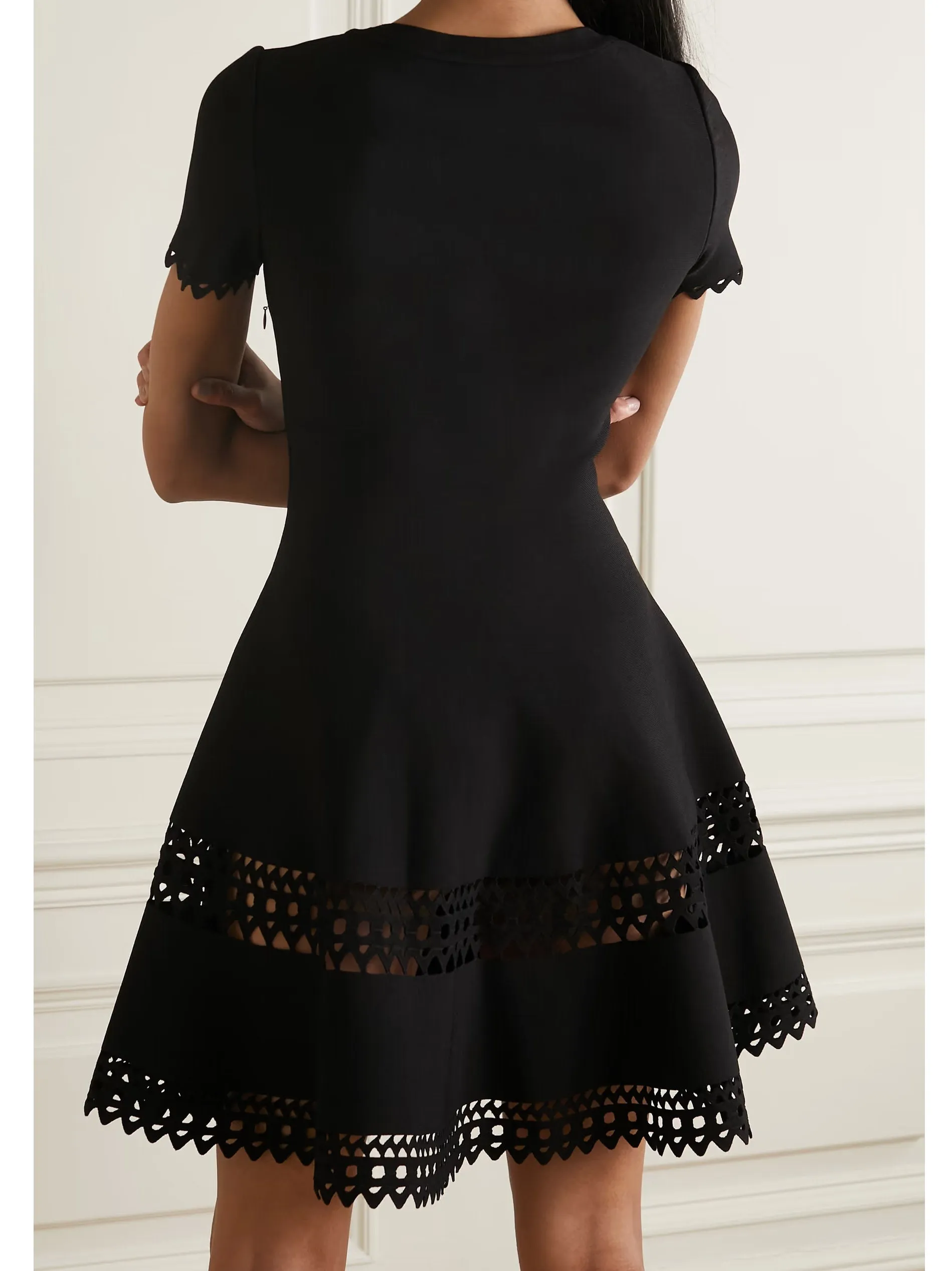 A-Line Cut-Out Stretch Knit Mini Dress in Black
