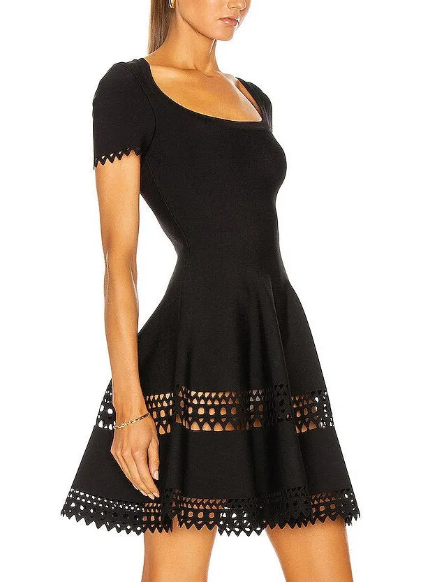 A-Line Cut-Out Stretch Knit Mini Dress in Black