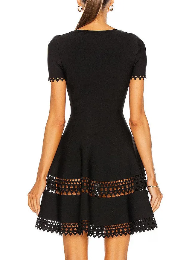 A-Line Cut-Out Stretch Knit Mini Dress in Black