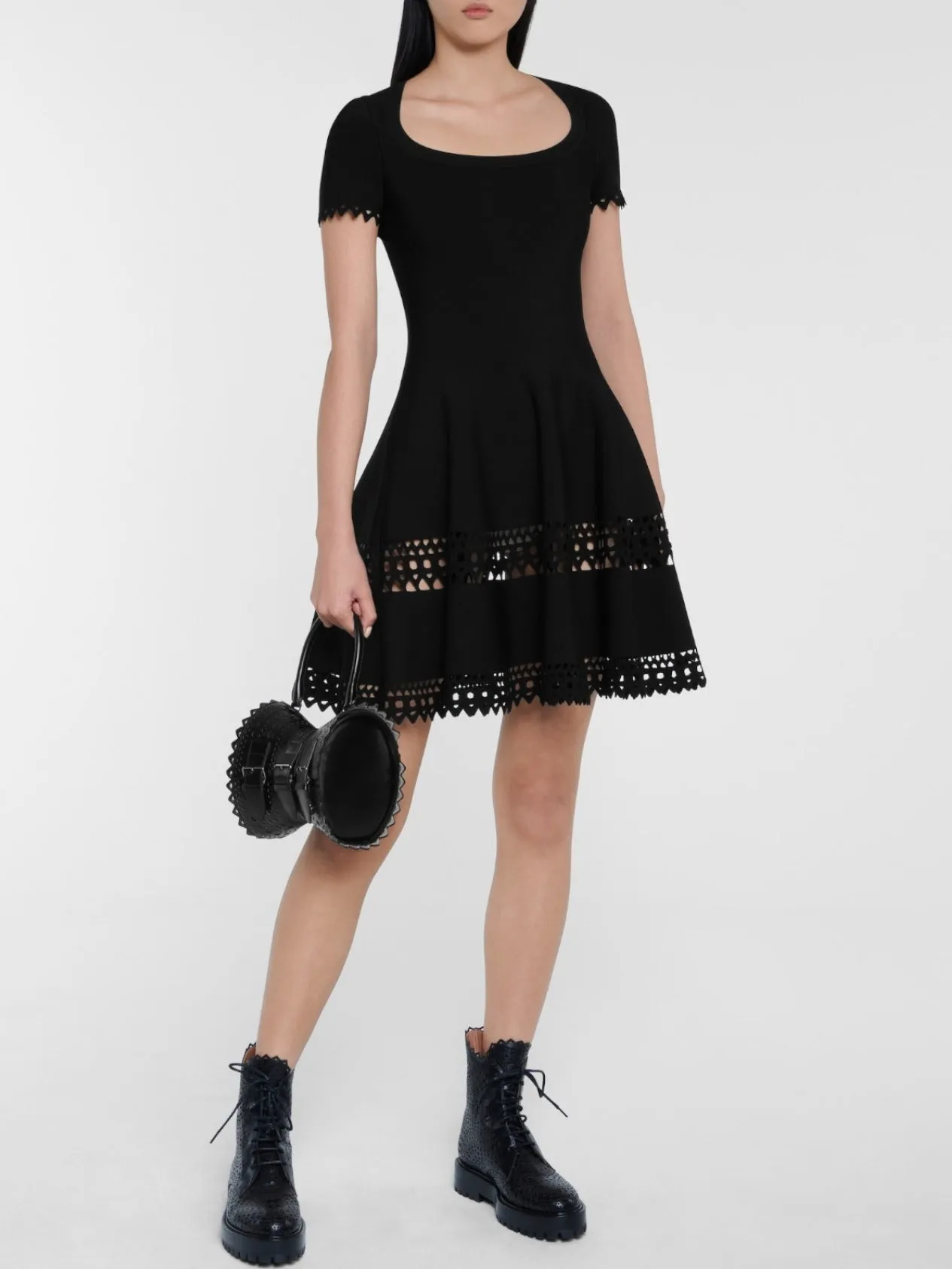 A-Line Cut-Out Stretch Knit Mini Dress in Black