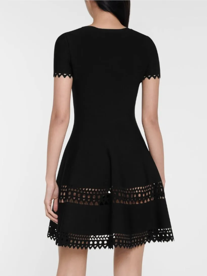 A-Line Cut-Out Stretch Knit Mini Dress in Black