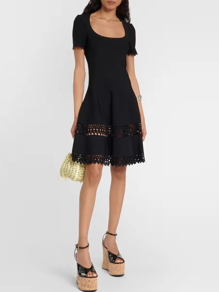 A-Line Cut-Out Stretch Knit Mini Dress in Black