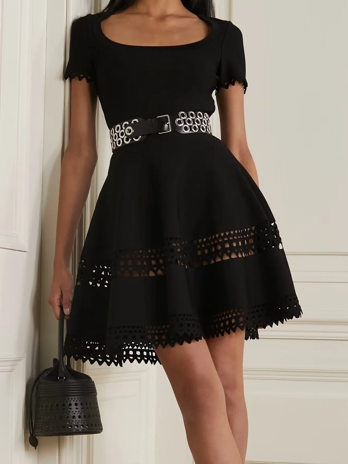 A-Line Cut-Out Stretch Knit Mini Dress in Black