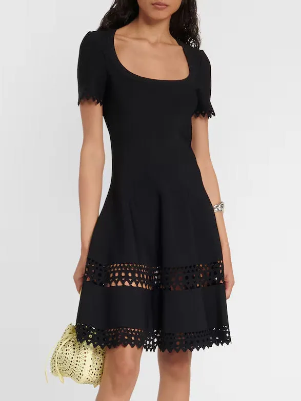 A-Line Cut-Out Stretch Knit Mini Dress in Black