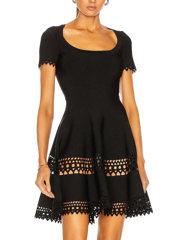 A-Line Cut-Out Stretch Knit Mini Dress in Black