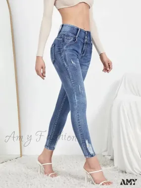 Amy Fashion - Autumn Stretch Ripped Fashion Casual Skinny Slim Denim Pencil Jean