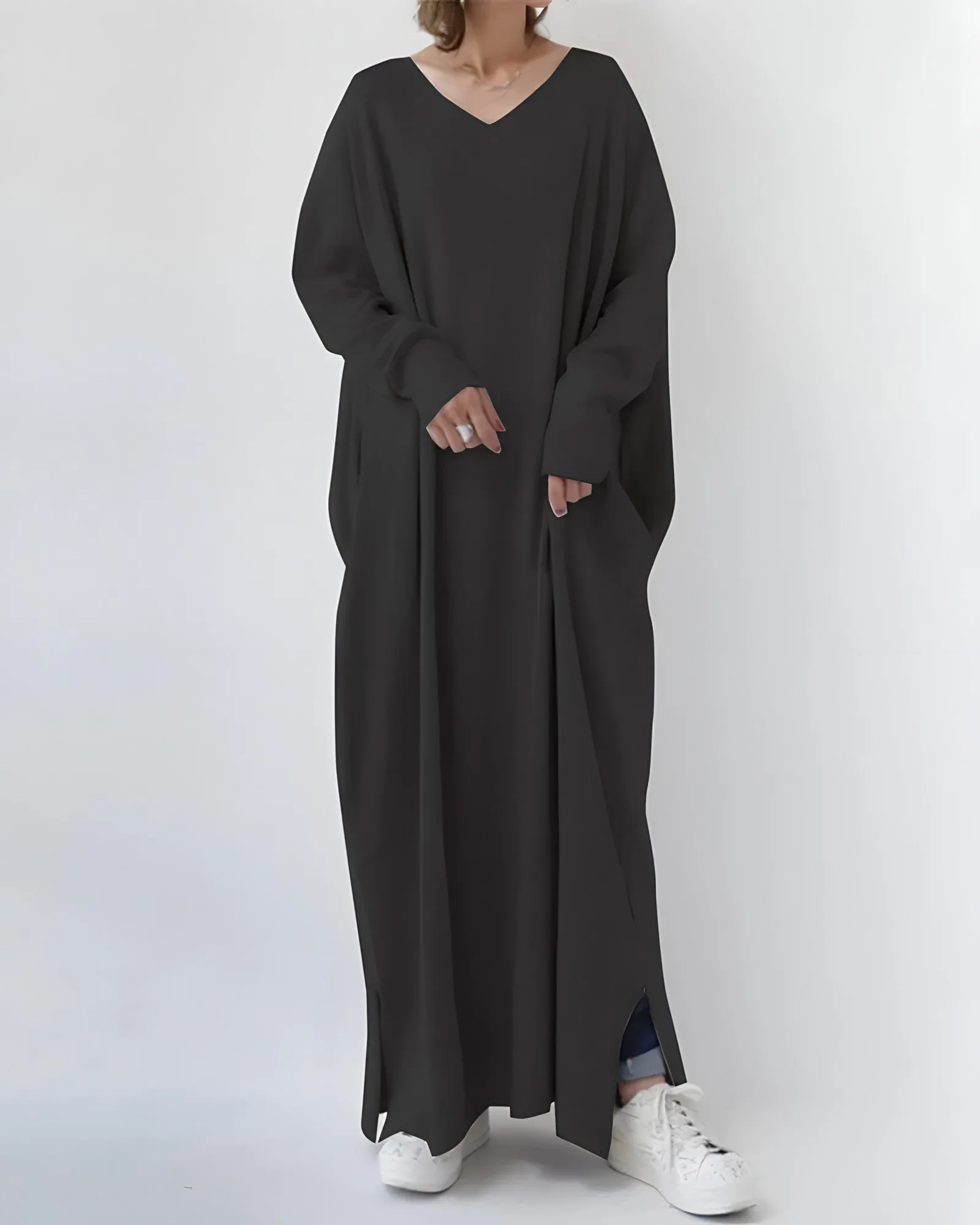 Andrea Pullover-Kleid | Bequemer langer Pullover mit V-Ausschnitt