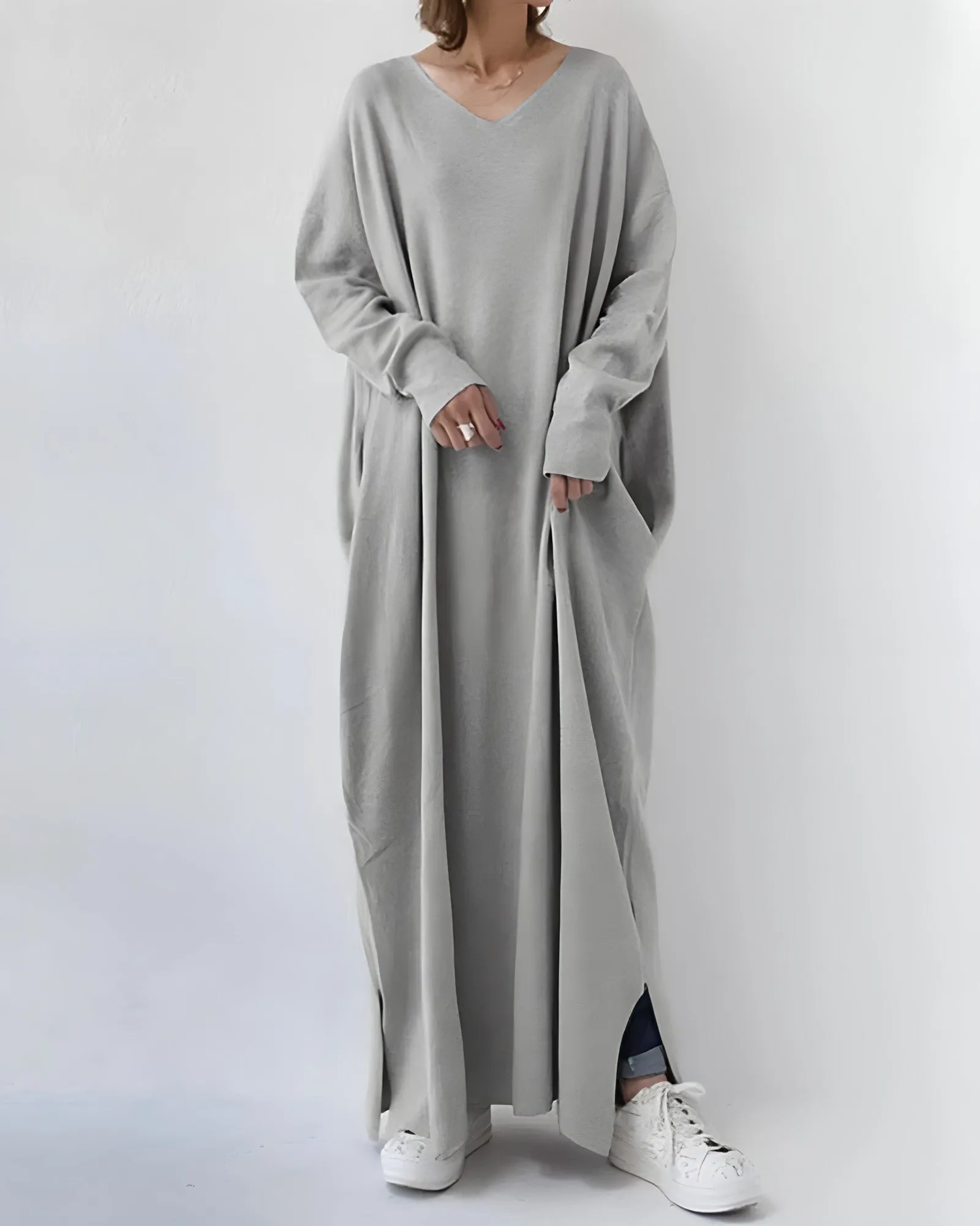 Andrea Pullover-Kleid | Bequemer langer Pullover mit V-Ausschnitt