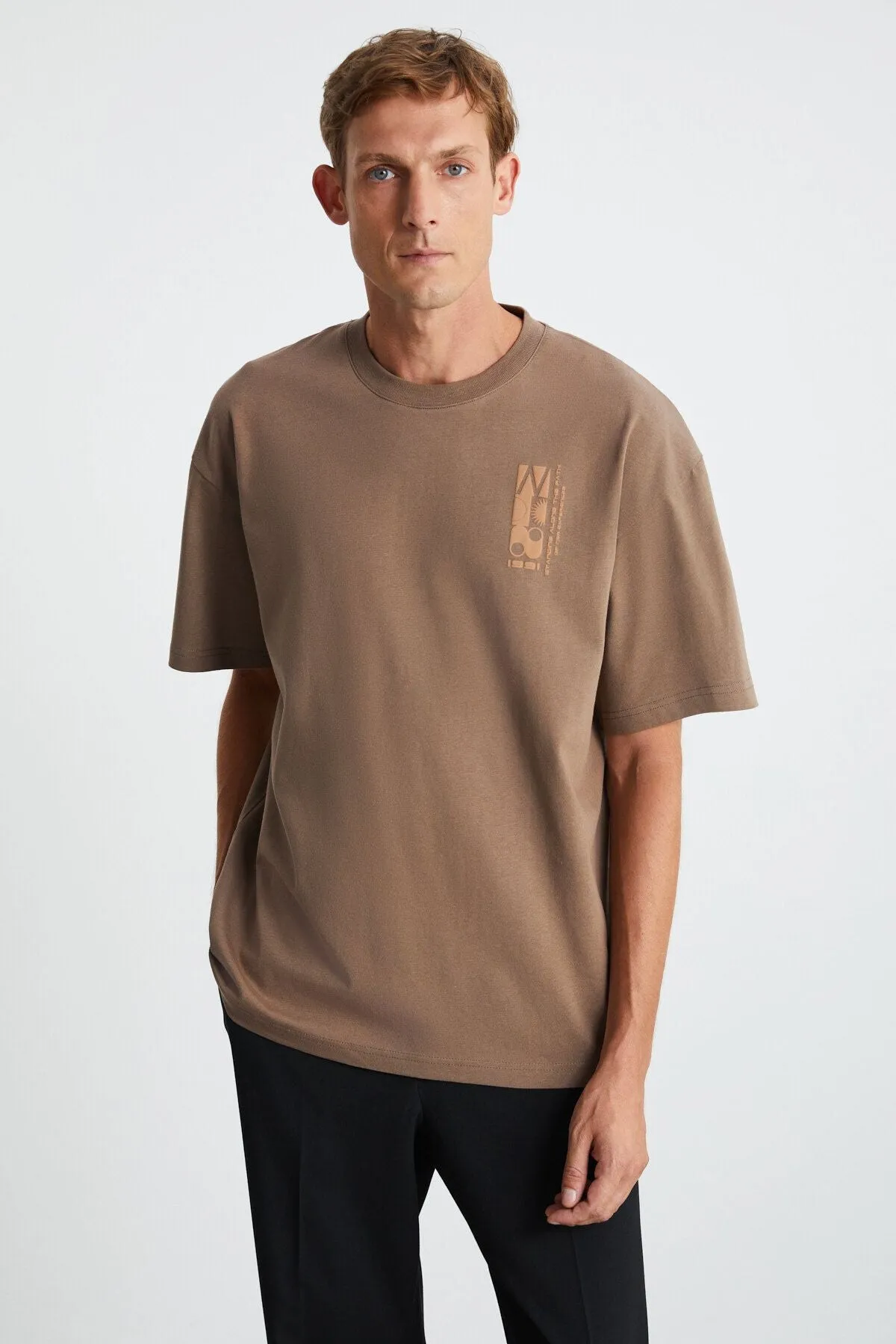 Antoni Men's Printing Detailed 100 %Organic Cotton Knitting Oversize Vizon T-shirt