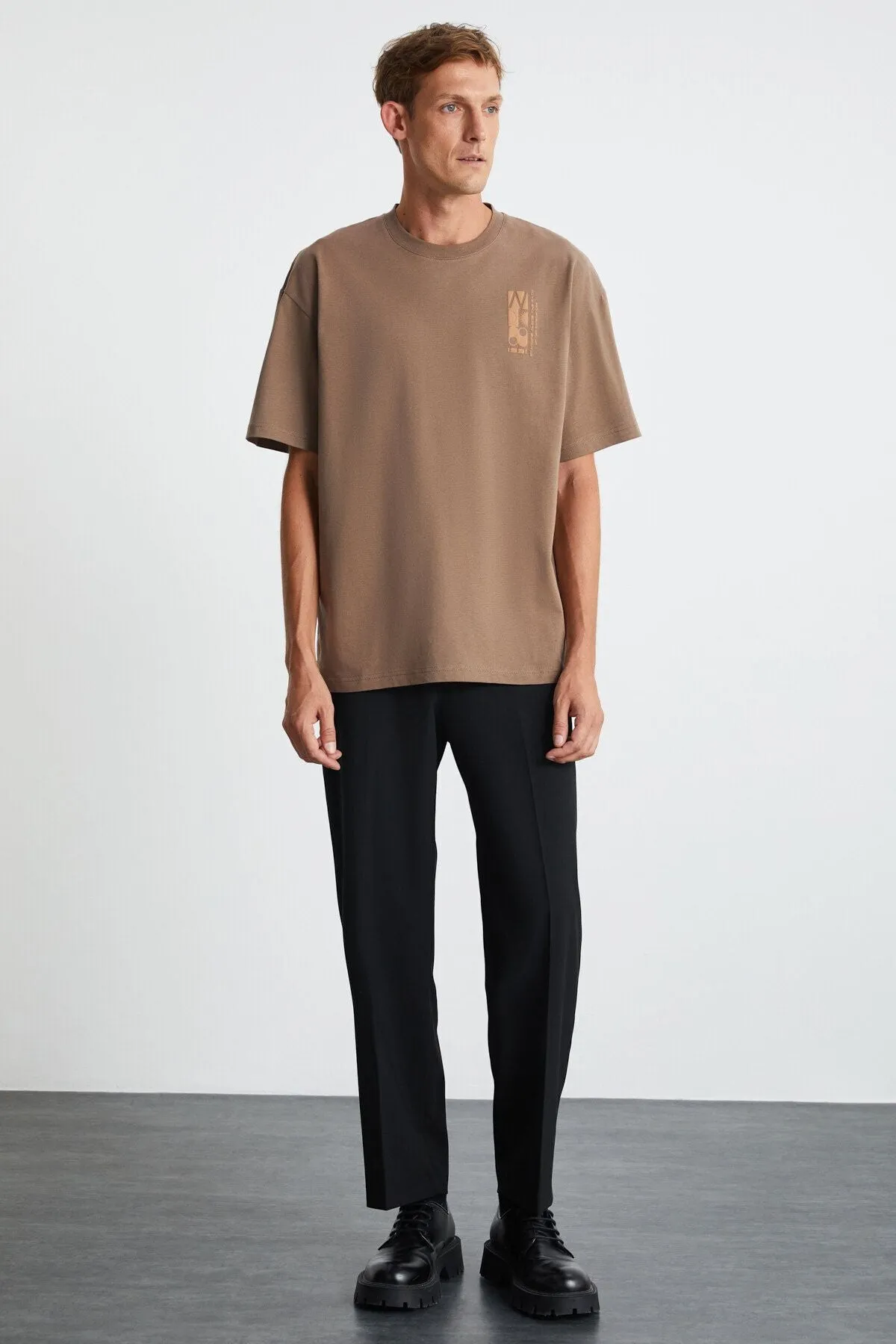 Antoni Men's Printing Detailed 100 %Organic Cotton Knitting Oversize Vizon T-shirt