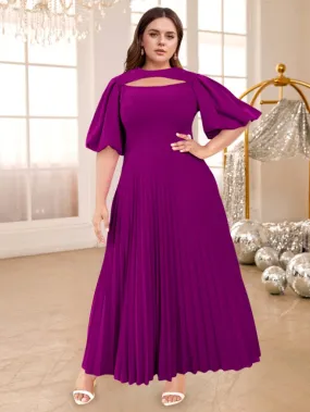 AOMEIDRESS O Neck Cut Out Lantern Sleeves A Line Pleated Long Dress