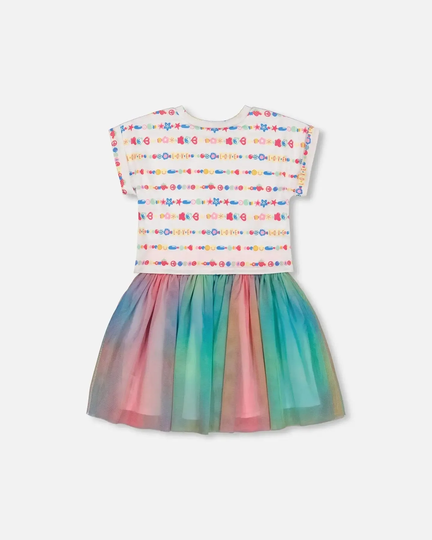 Bi-Material Dress With Mesh Skirt Multicolored Tie Dye And White
