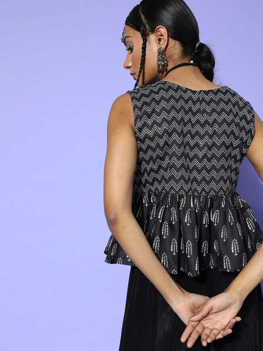 Black Cotton Blend Printed Crop Top