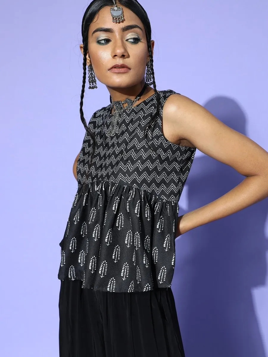 Black Cotton Blend Printed Crop Top