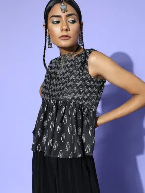 Black Cotton Blend Printed Crop Top