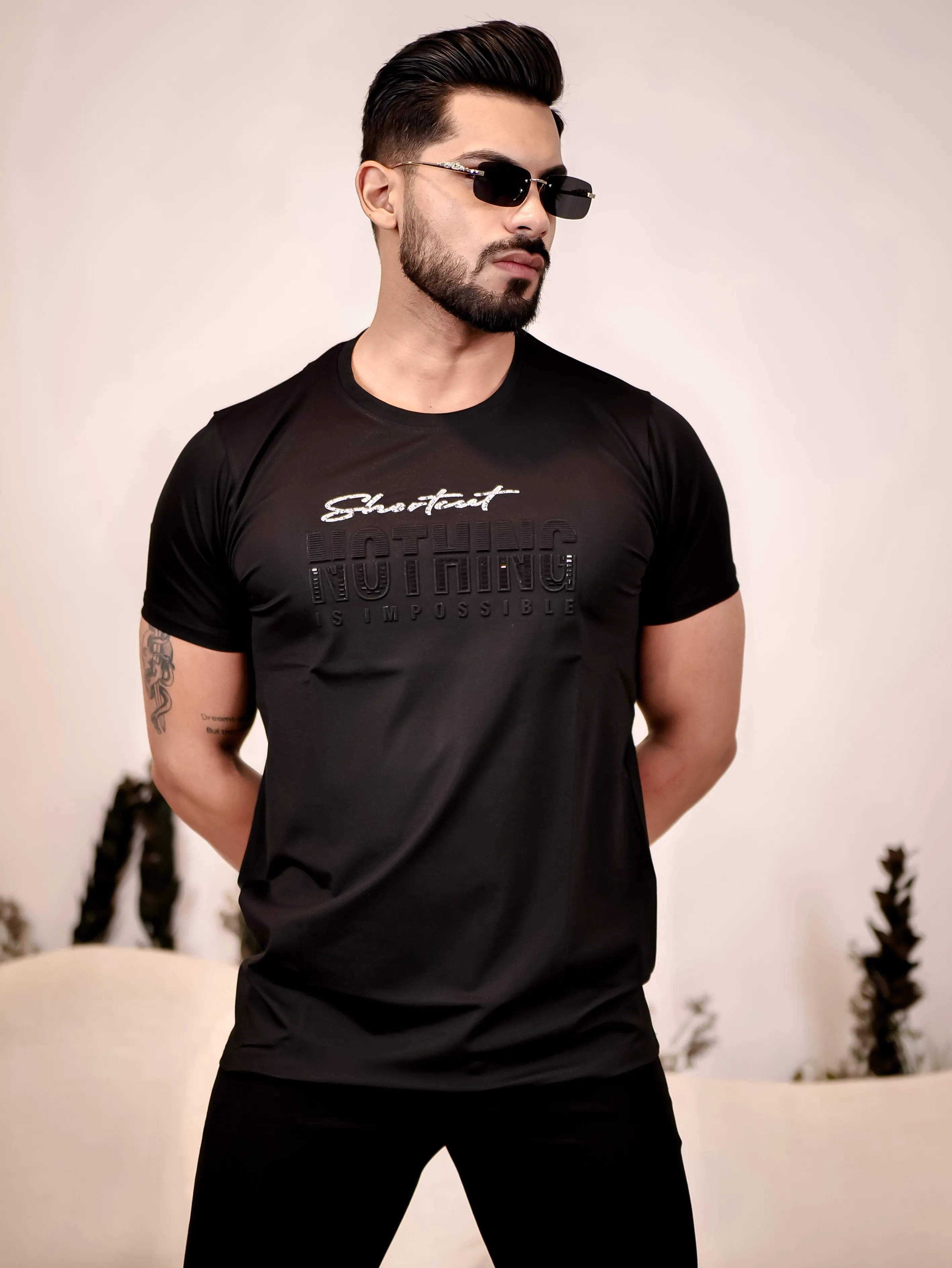 Black Round Neck Imported Cotton Half Sleeve Premium Designer T-Shirt