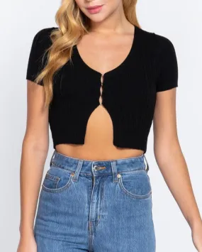 Black Short Sleeve Front Hook and Eye Closure Crop Top