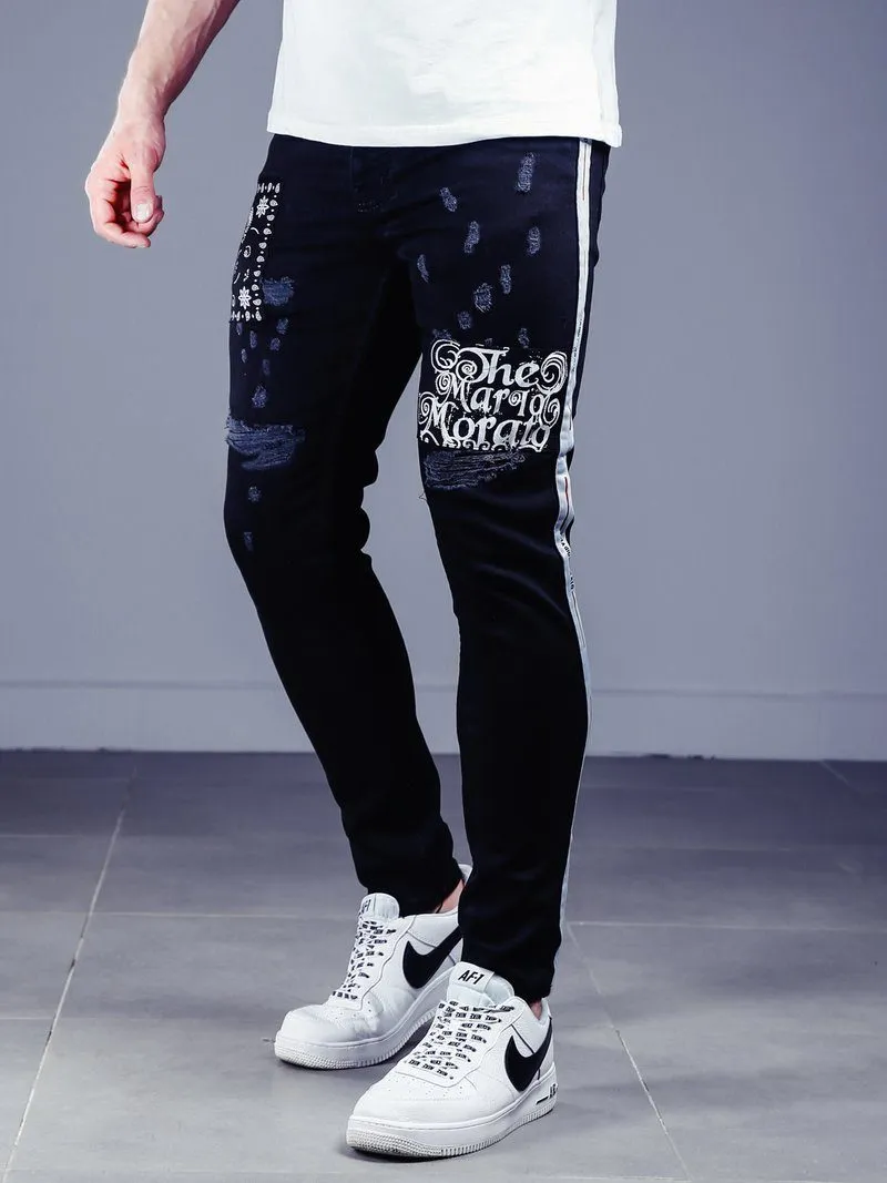 Black Striped Jeans Patch Details