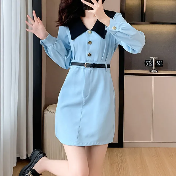 Blue Baby Doll Collar Waist A-Line Shirt Dress