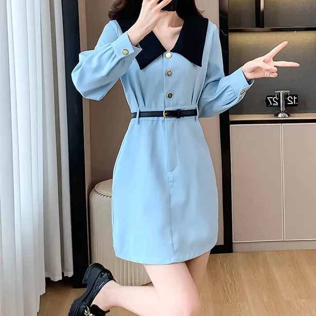 Blue Baby Doll Collar Waist A-Line Shirt Dress