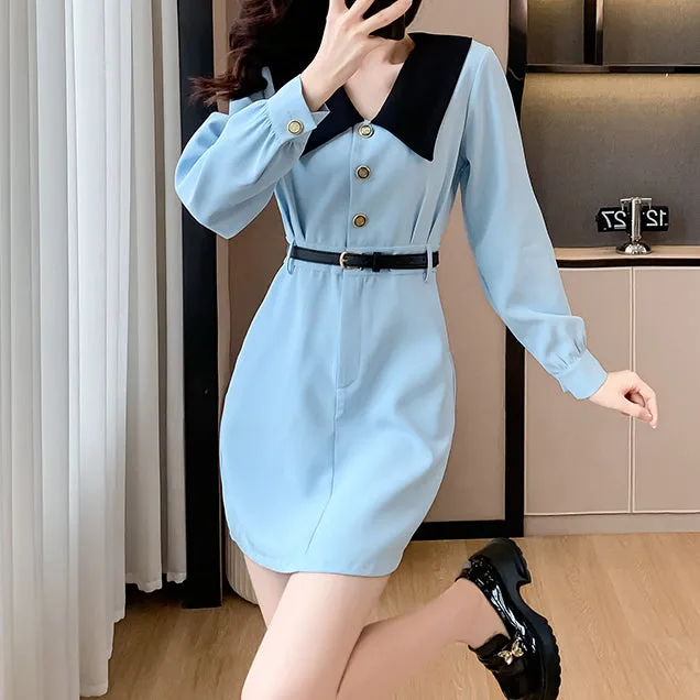 Blue Baby Doll Collar Waist A-Line Shirt Dress