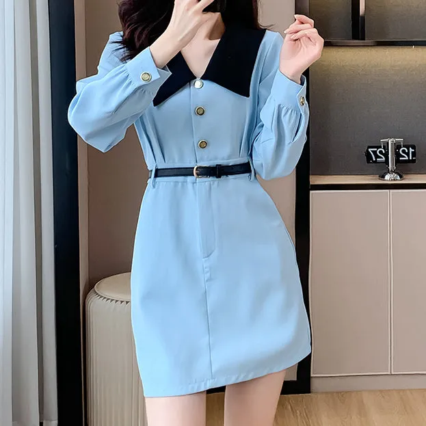 Blue Baby Doll Collar Waist A-Line Shirt Dress