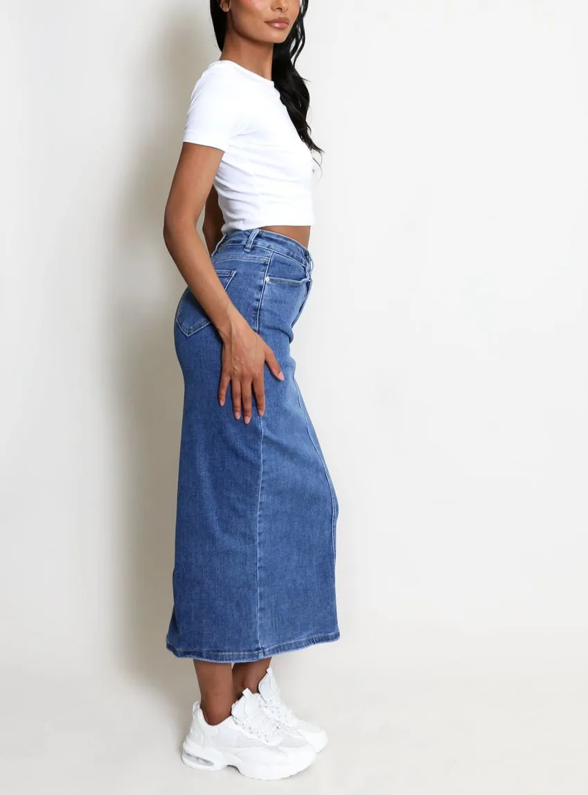 Blue Denim Midi Skirt