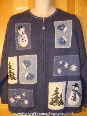 Blue Festive Christmas Sweater with Mittens and Snowmen