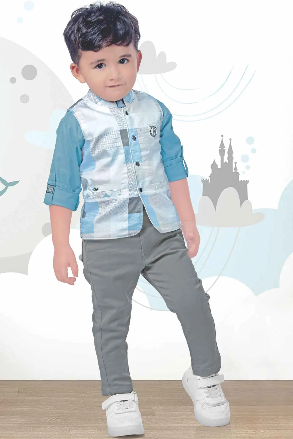 Blue Shirt And Grey Pant With Checked Overcoat Set For Boys