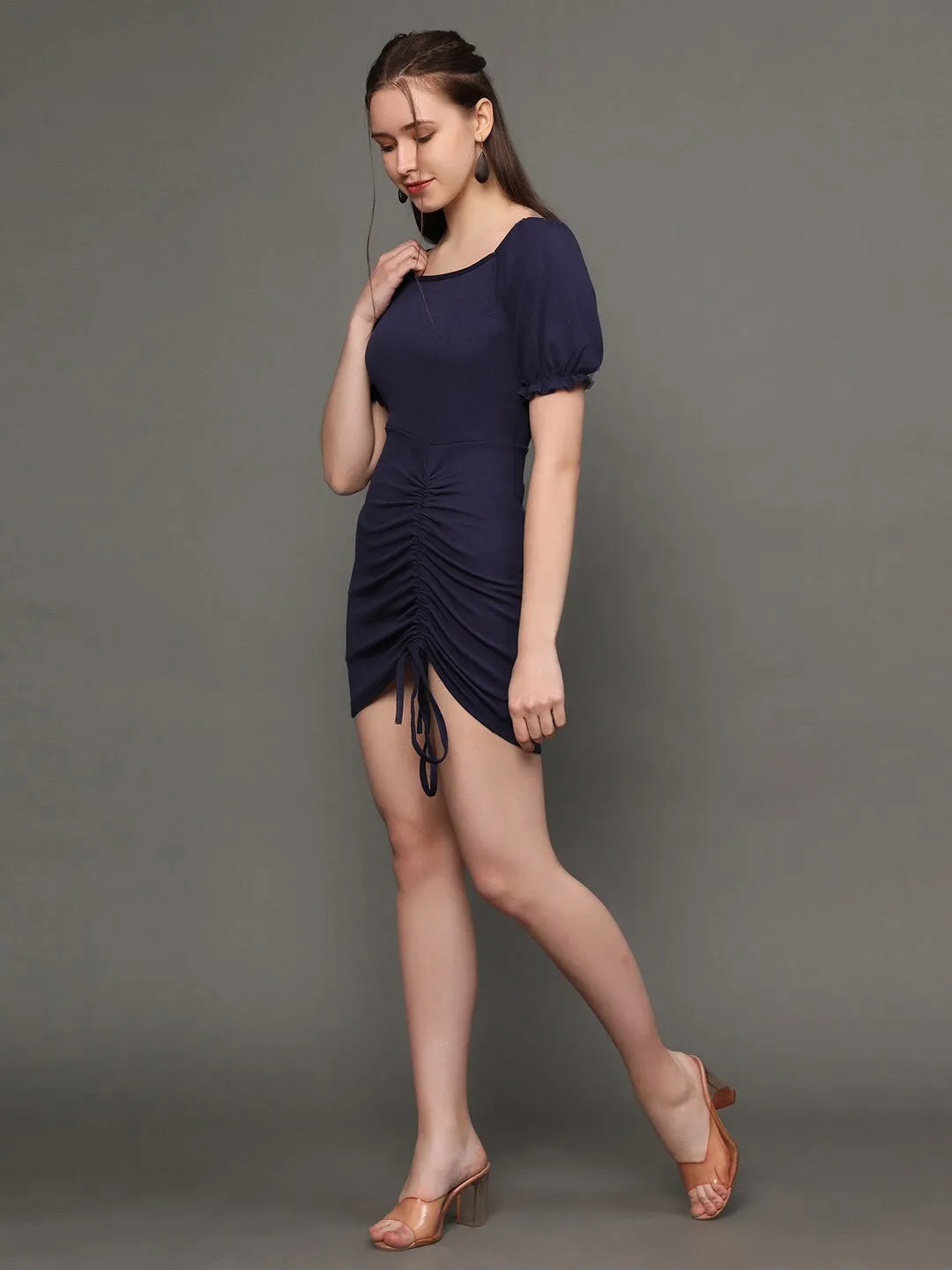 Blue Solid Square Neck Bodycon Dress