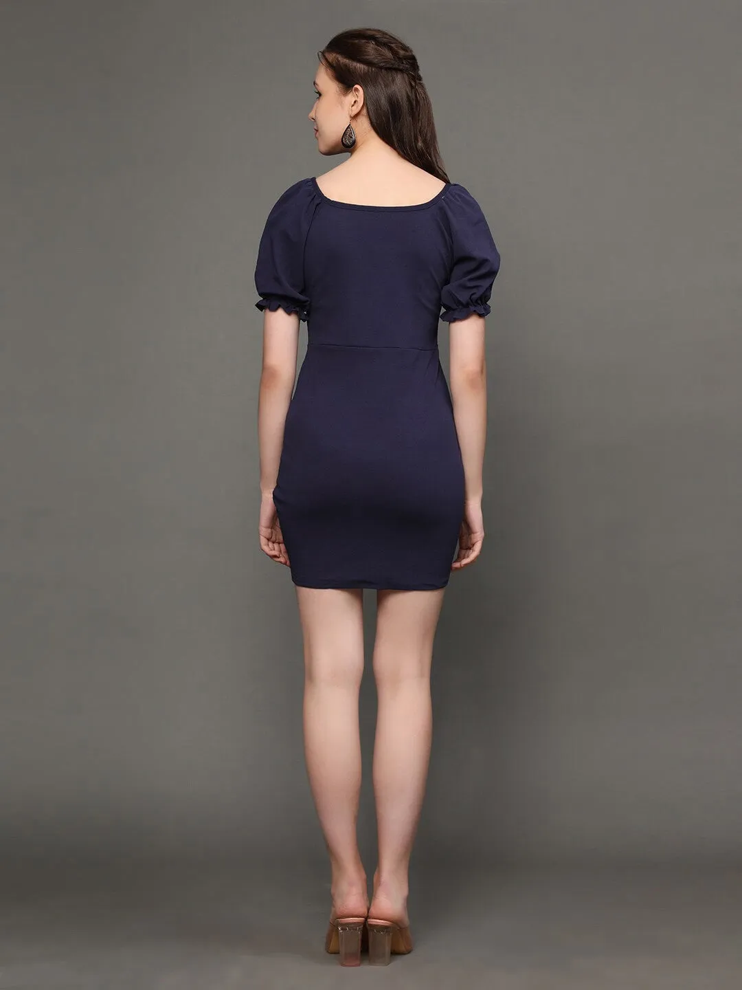 Blue Solid Square Neck Bodycon Dress