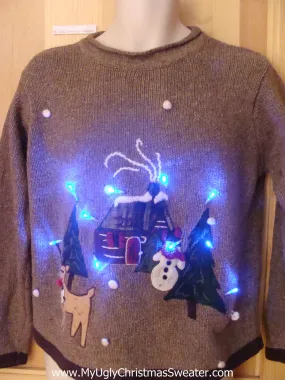 Cabin with Reindeer Light Up Christmas Sweater