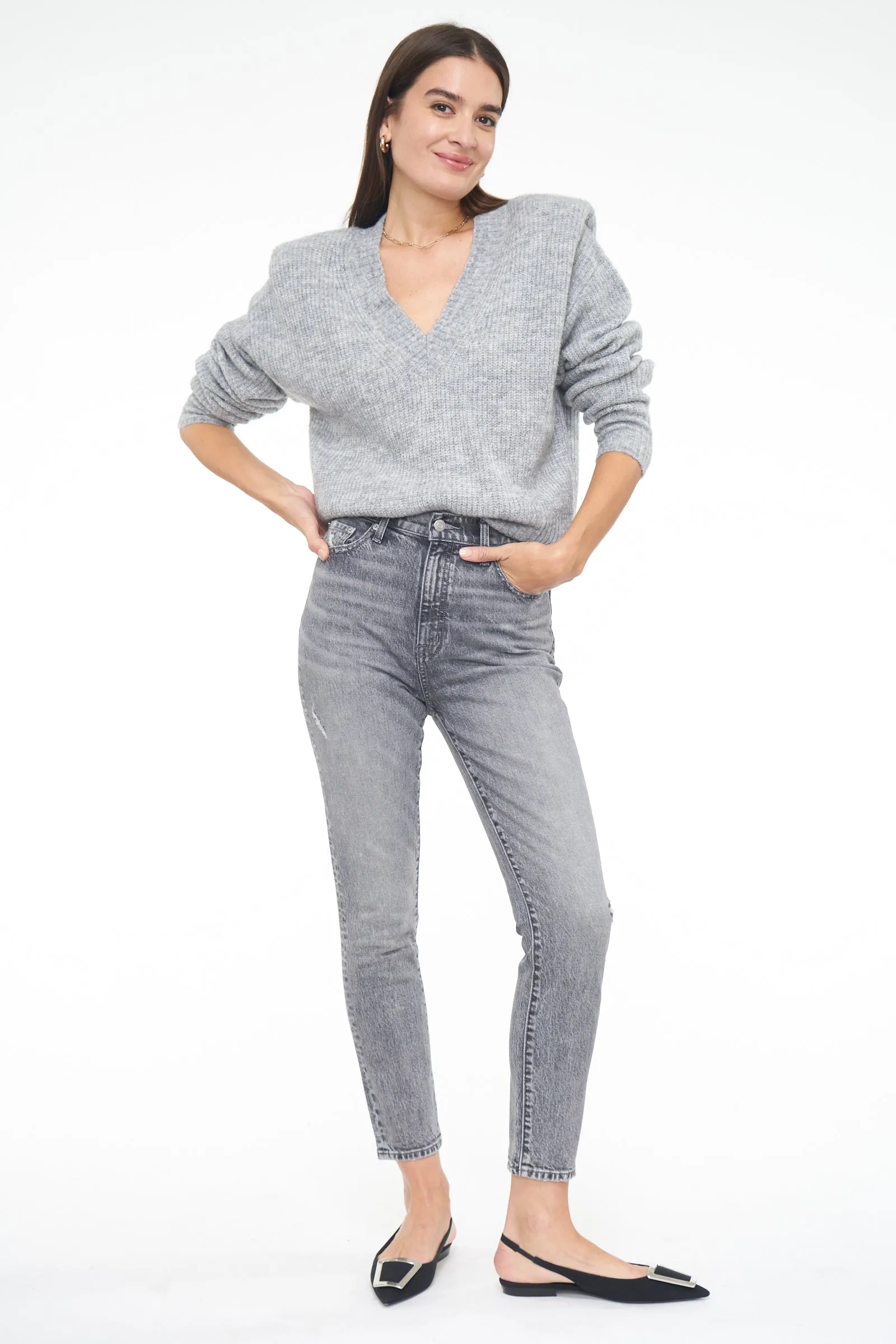 Camille V Neck Shoulder Pad Sweater - Heather Grey