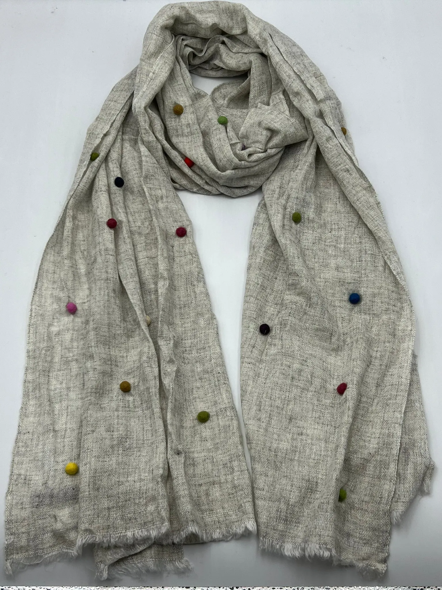 Cashmere Pom Pom Scarf - Beige