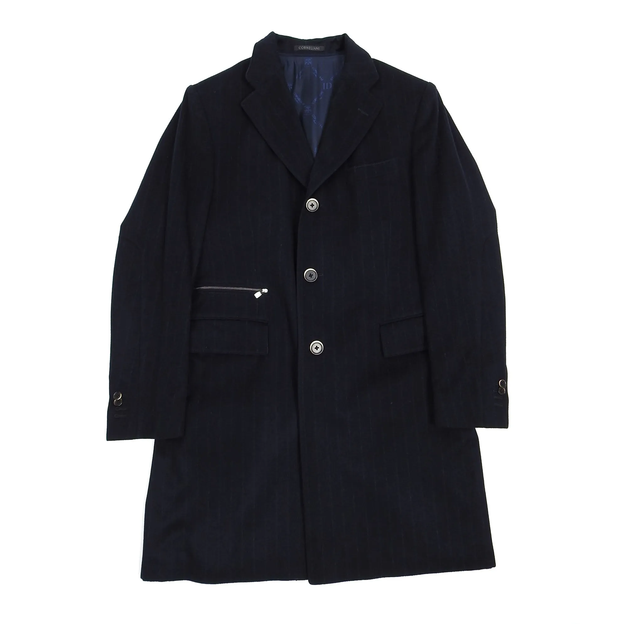 Corneliani Navy Virgin Wool Pin Striped Overcoat Size 52 R