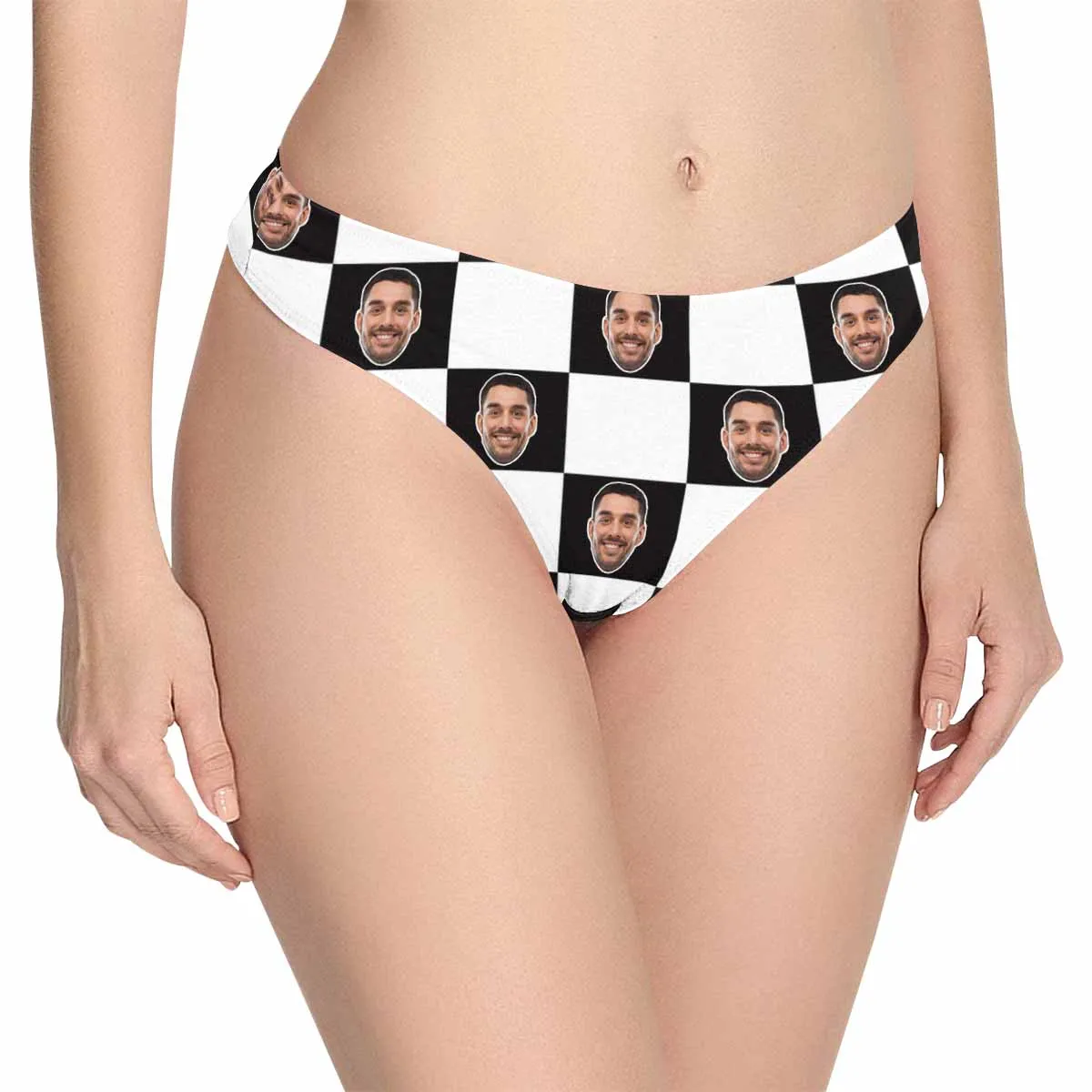 Custom Husband Face Underwear Personalized Black&White Grid Women's Classic Thong
