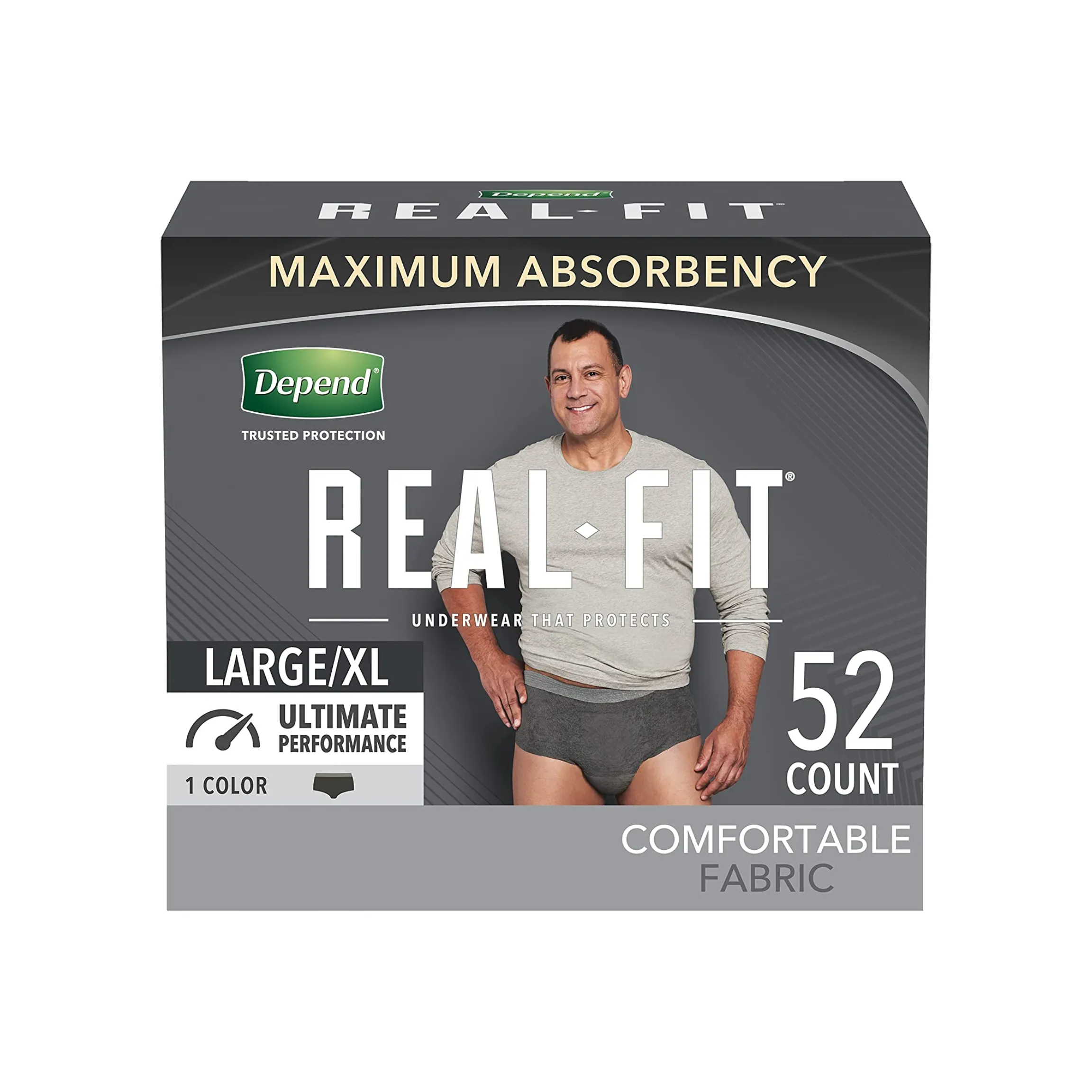 Depend Real Fit Incontinence Underwear for Men, Maximum Absorbency, Large/X-Large, Black, 52 Ct (Packaging May Vary)