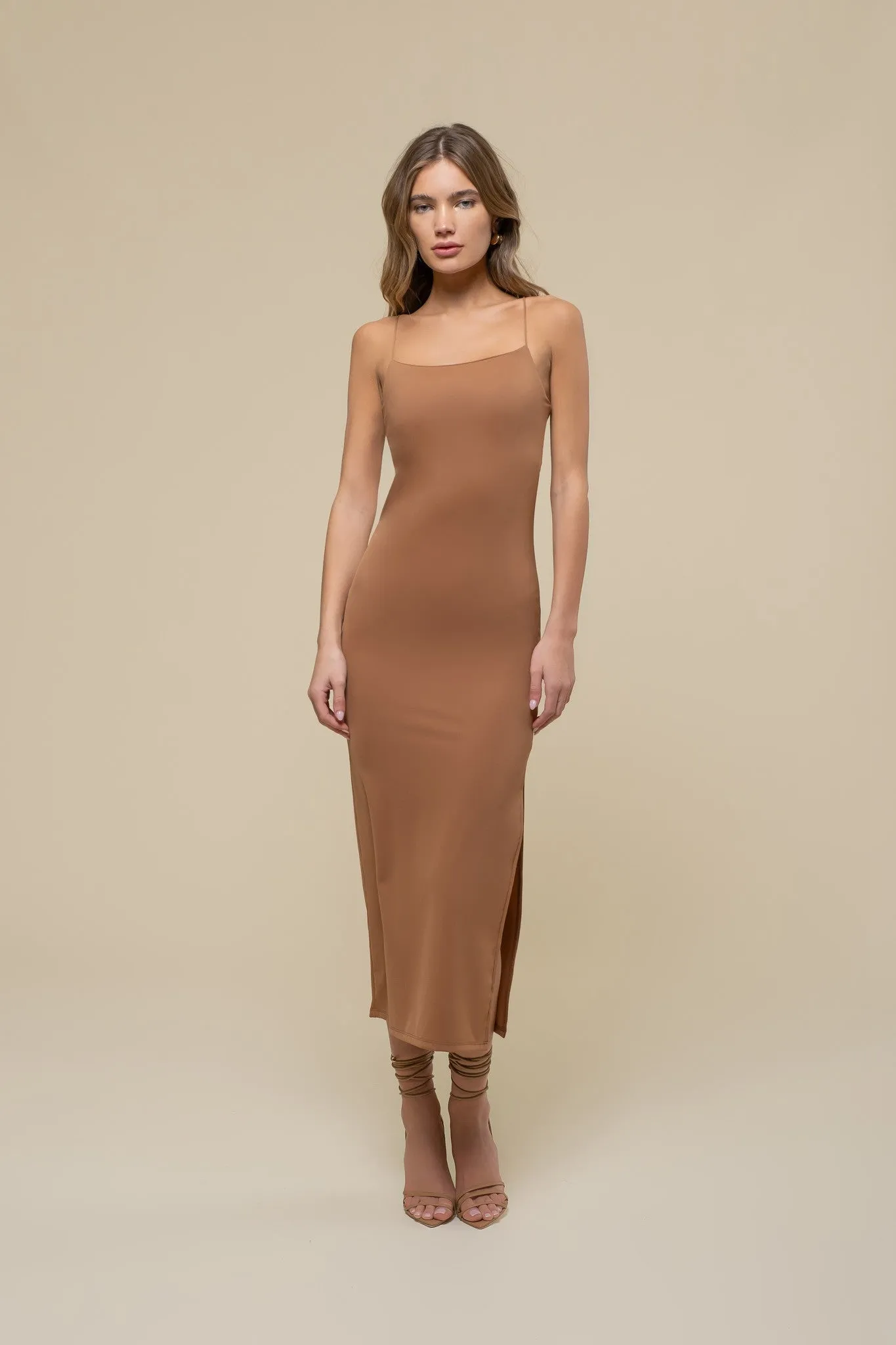 Dusty Sienna Bodycon Side Slit Cami Midi Dress