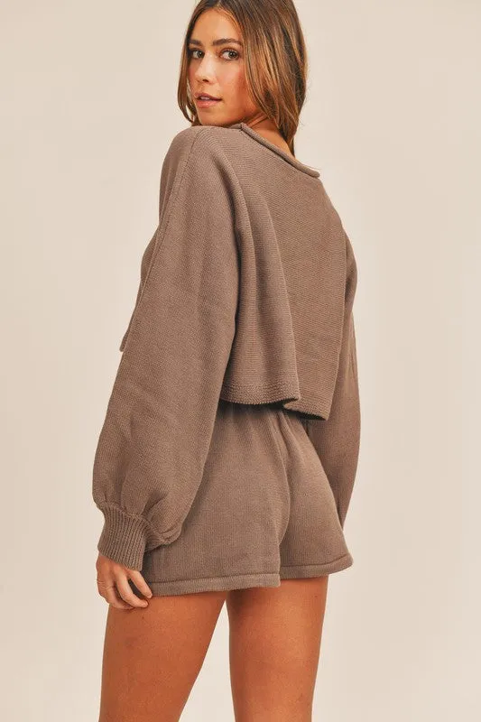 Fashion Brown Knit Crop Sweater with Long Sleeve
