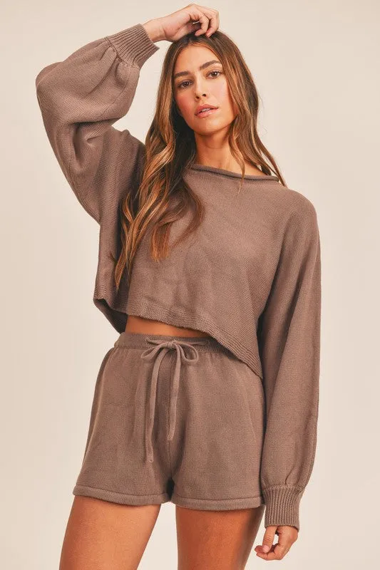 Fashion Brown Knit Crop Sweater with Long Sleeve