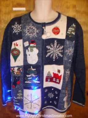 Festive Blue Snowy Light Up Ugly Xmas Sweater
