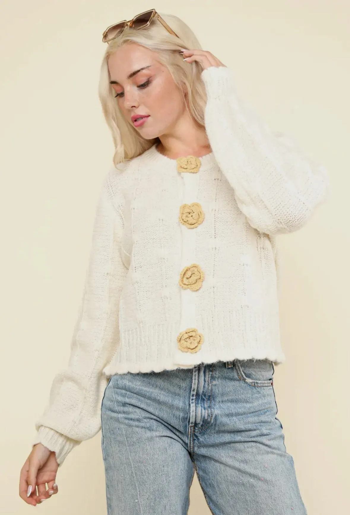 Floral Button Crop Length Knit Sweater Cardigan